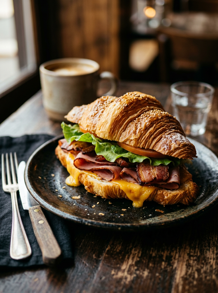 Croissant breakfast sandwich on a dark plate